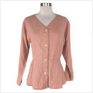 FLAX Pink Tan Button Front Linen Peplum Pocket Jacket Top Size S (runs Large)